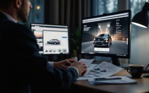Un homme examine une annonce automobile sur un ordinateur tout en consultant des documents de voiture dans un bureau européen au style sérieux.