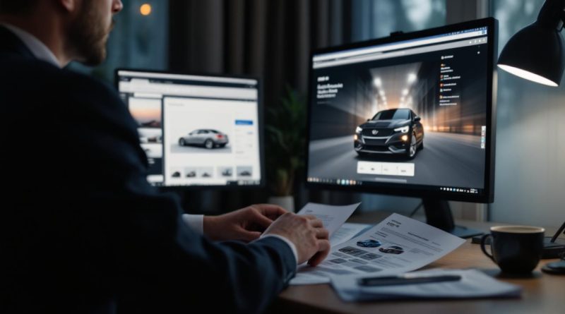 Un homme examine une annonce automobile sur un ordinateur tout en consultant des documents de voiture dans un bureau européen au style sérieux.