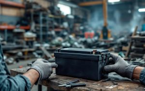 Batterie de vélo électrique posée sur un établi dans un atelier de recyclage, avec un ferrailleur au fond et une ambiance technique réaliste.