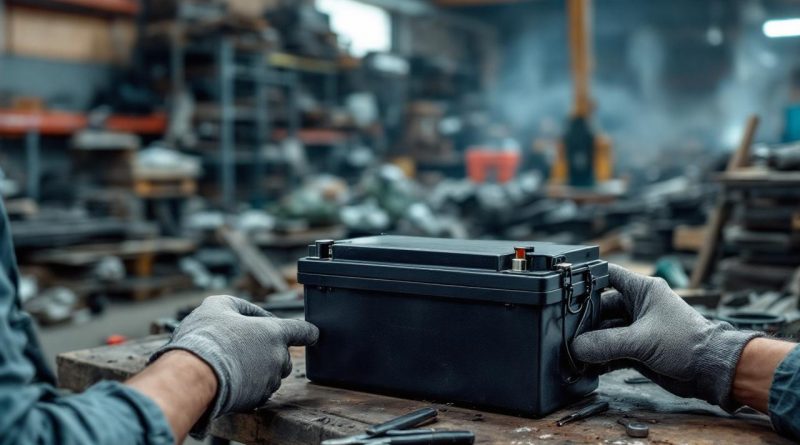 Batterie de vélo électrique posée sur un établi dans un atelier de recyclage, avec un ferrailleur au fond et une ambiance technique réaliste.