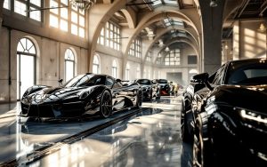 Garage de supercars et voitures de collection, ambiance luxueuse, avec lumière naturelle entrant par des fenêtres hautes et reflets réalistes sur le sol et les carrosseries.