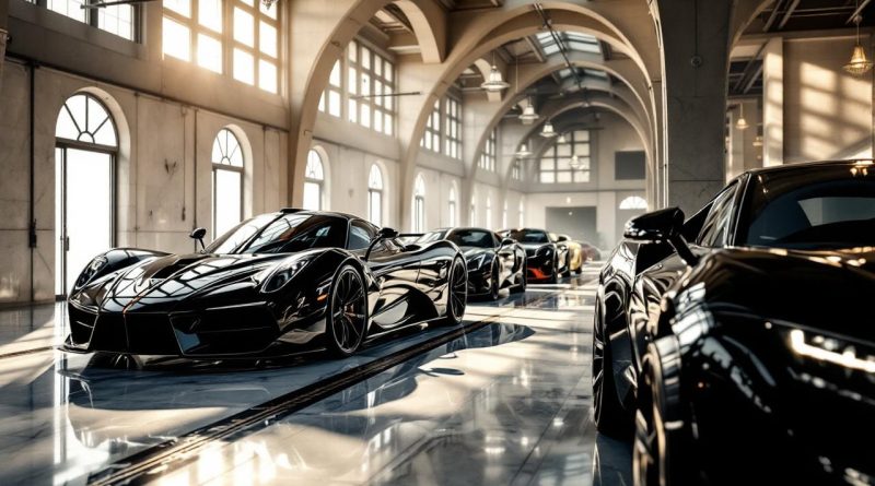 Garage de supercars et voitures de collection, ambiance luxueuse, avec lumière naturelle entrant par des fenêtres hautes et reflets réalistes sur le sol et les carrosseries.