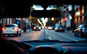 Tableau réaliste d’une Citroën C3 essence en ville, vue depuis l’habitacle avec le voyant moteur allumé et une ambiance de diagnostic automobile.
