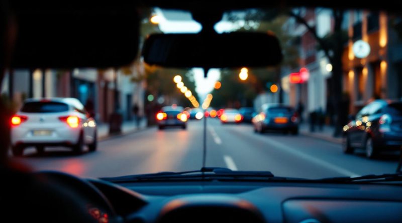 Tableau réaliste d’une Citroën C3 essence en ville, vue depuis l’habitacle avec le voyant moteur allumé et une ambiance de diagnostic automobile.