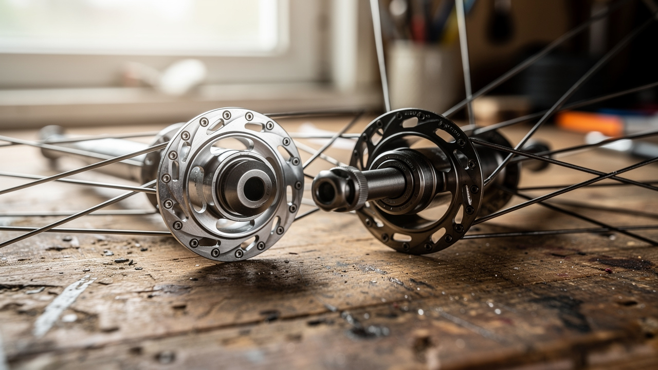 Deux moyeux VTT avant et arrière posés sur un établi en bois, avec axes traversants visibles et rayons disposés en étoile pour comparaison.