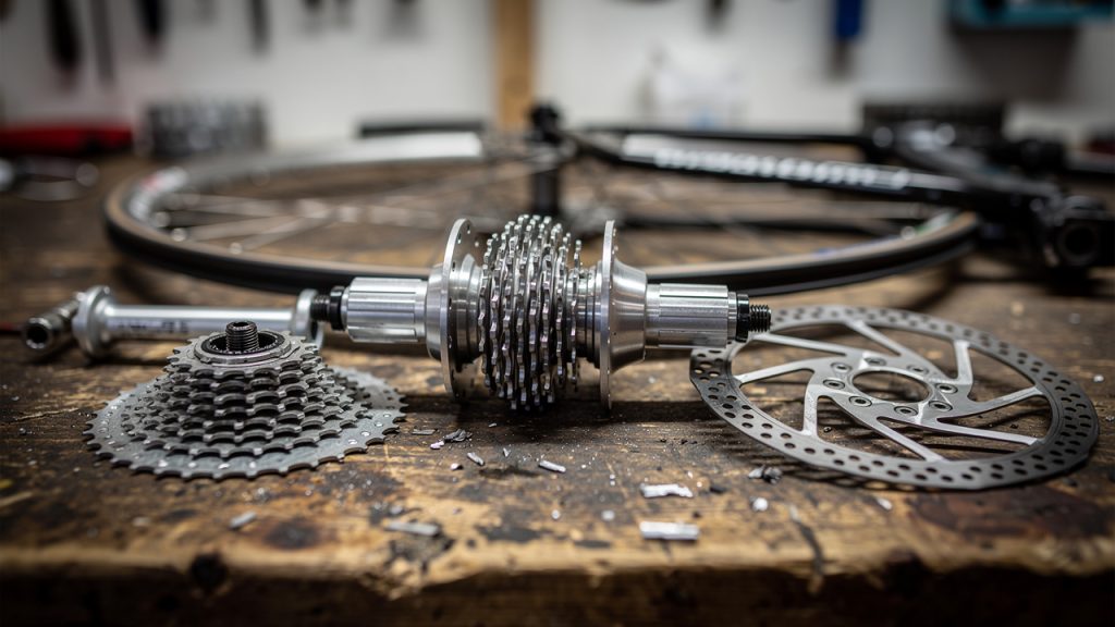 Gros plan d’une roue de VTT démontée sur un établi d’atelier, avec le moyeu arrière, la cassette et le disque de frein visibles.