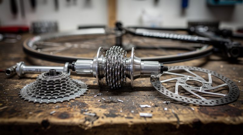 Gros plan d’une roue de VTT démontée sur un établi d’atelier, avec le moyeu arrière, la cassette et le disque de frein visibles.