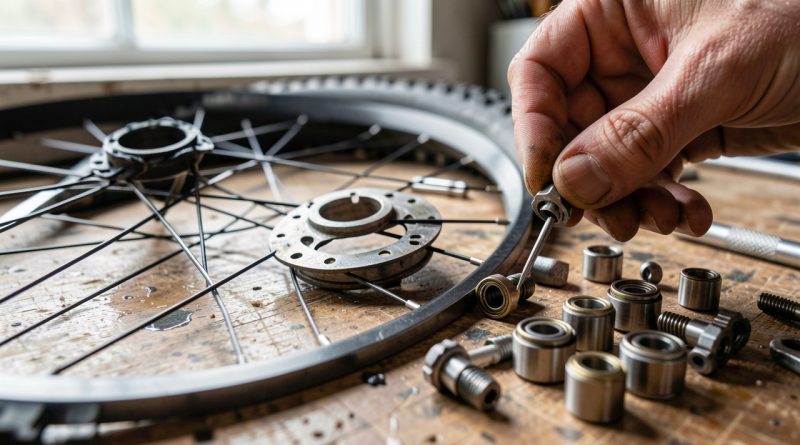 Roue de VTT démontée dans un atelier, composants mécaniques disposés sur l’établi, lumière naturelle et gros plan sur les détails des roulements et des rayons.