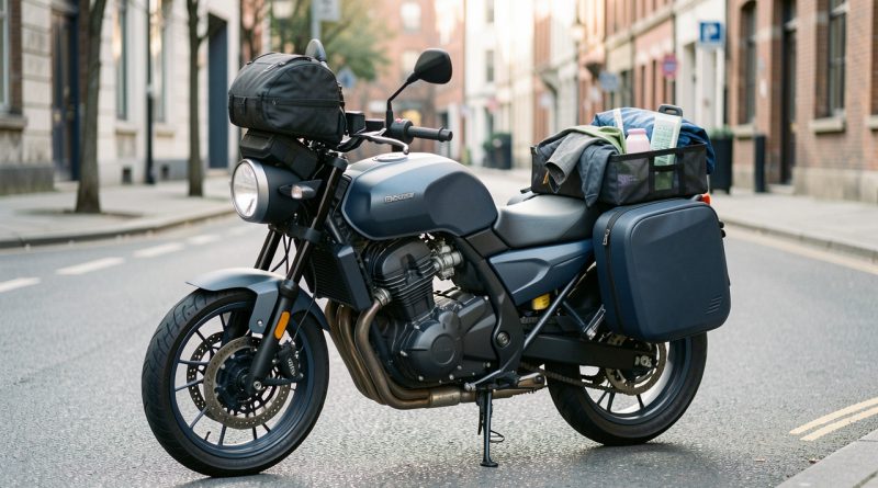 Moto de trajet quotidien équipée de valises latérales, d’un top-case et d’une sacoche de réservoir pour transporter des affaires de travail.