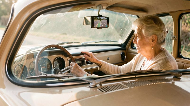 Une femme âgée utilise un smartphone fixé au pare-brise pour la navigation dans une ancienne voiture, sans modifier le tableau de bord.