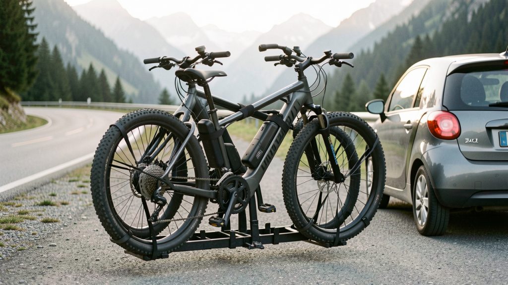 Porte-vélos d’attelage transportant deux vélos électriques sur une route de montagne.