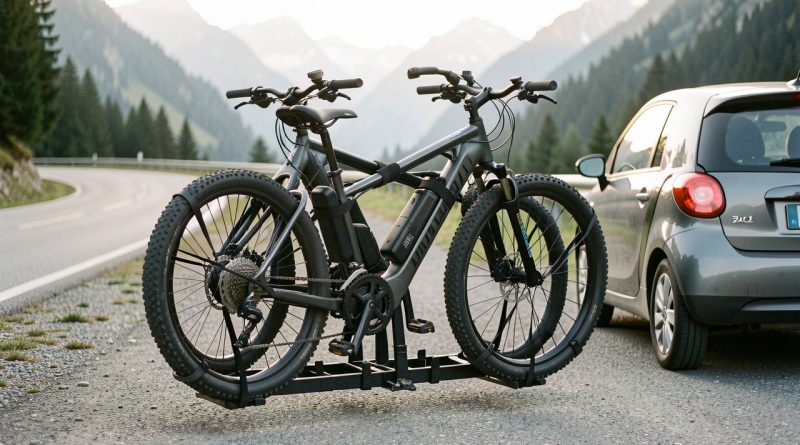 Porte-vélos d’attelage transportant deux vélos électriques sur une route de montagne.