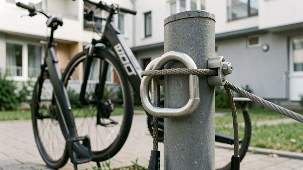 Vélo électrique attaché avec un antivol en U et un câble en acier à un point d’ancrage solide dans la cour d’un immeuble.
