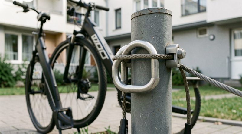 Vélo électrique attaché avec un antivol en U et un câble en acier à un point d’ancrage solide dans la cour d’un immeuble.