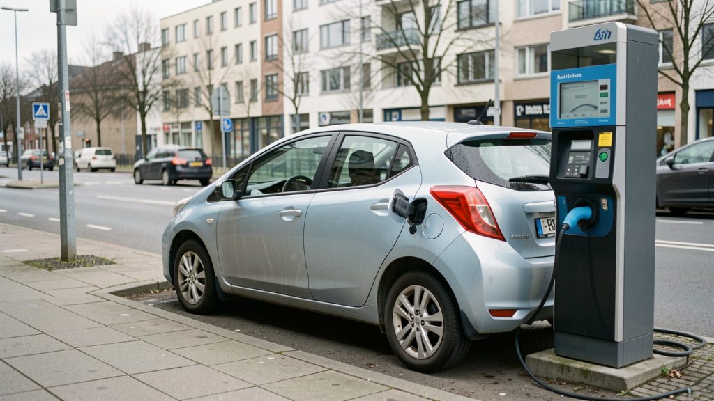 Voiture électrique d’occasion branchée à une borne de recharge publique dans un environnement urbain.