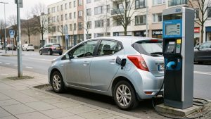 Voiture électrique d’occasion branchée à une borne de recharge publique dans un environnement urbain.