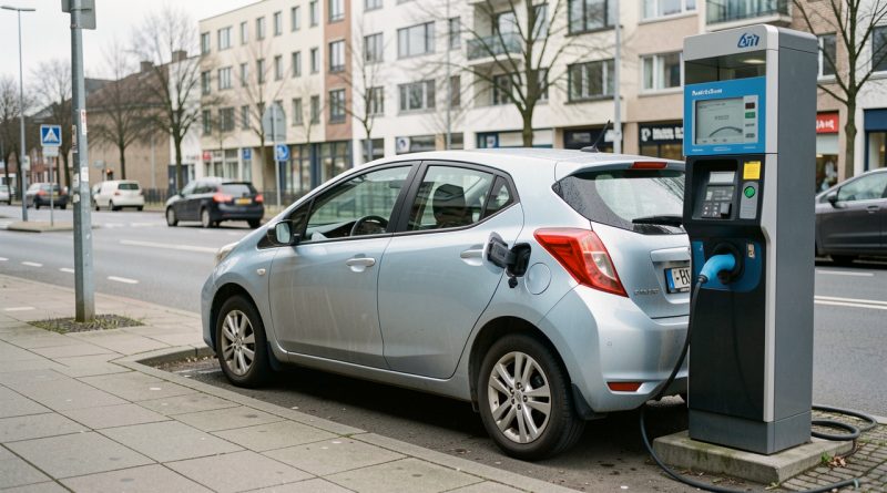 Voiture électrique d’occasion branchée à une borne de recharge publique dans un environnement urbain.