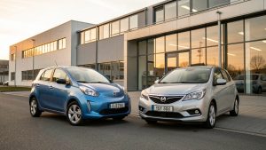 Une citadine électrique européenne et une voiture compacte chinoise garées côte à côte devant une usine automobile moderne en Europe, éclairées par la lumière chaude de la fin de journée.