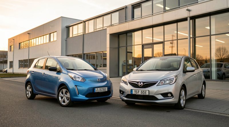 Une citadine électrique européenne et une voiture compacte chinoise garées côte à côte devant une usine automobile moderne en Europe, éclairées par la lumière chaude de la fin de journée.