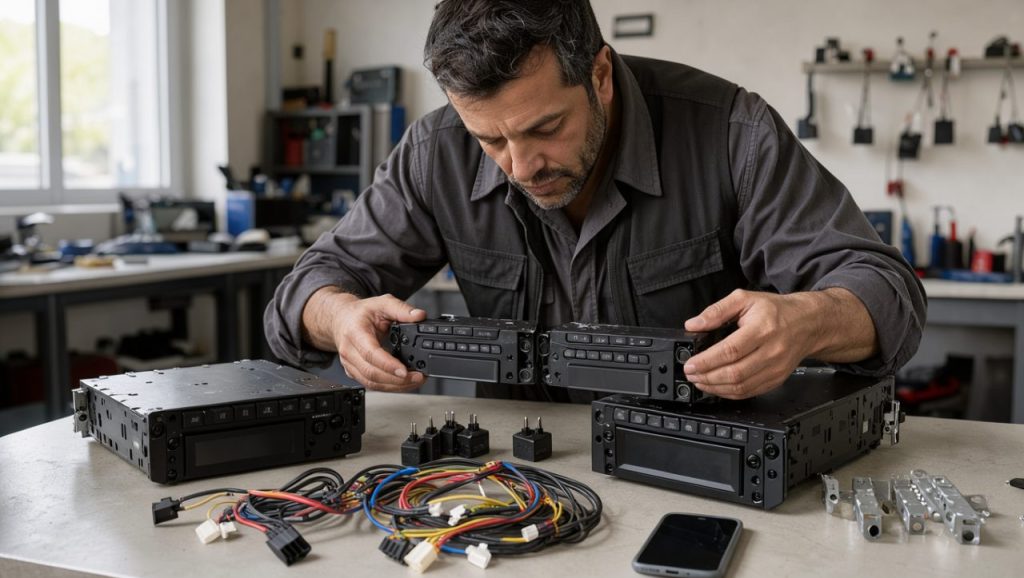 Conducteur comparant un autoradio 1 DIN et un autoradio 2 DIN sur une table avec faisceaux, adaptateurs et smartphone.
