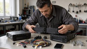 Conducteur comparant un autoradio 1 DIN et un autoradio 2 DIN sur une table avec faisceaux, adaptateurs et smartphone.