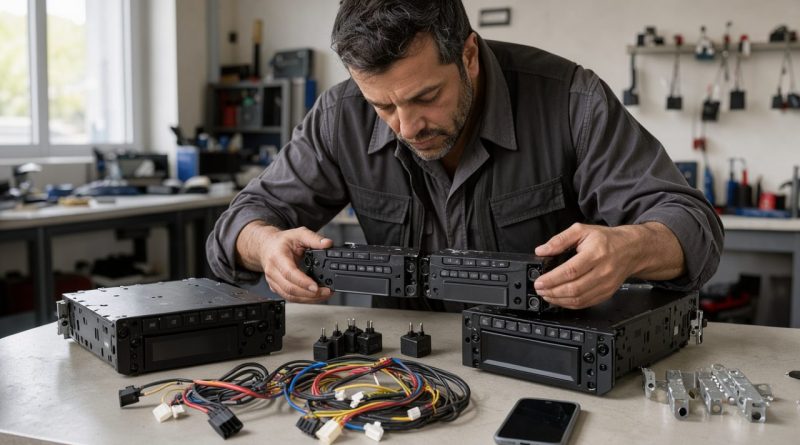 Conducteur comparant un autoradio 1 DIN et un autoradio 2 DIN sur une table avec faisceaux, adaptateurs et smartphone.